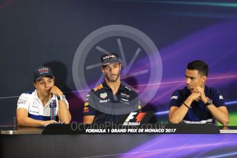 World © Octane Photographic Ltd. Formula 1 - Monaco Grand Prix FIA Drivers’ Press Conference. Felipe Massa - Williams Martini Racing FW40, Daniel Ricciardo - Red Bull Racing RB13 and Pascal Wehrlein – Sauber F1 Team C36. Monaco, Monte Carlo. Wednesday 24th May 2017. Digital Ref: