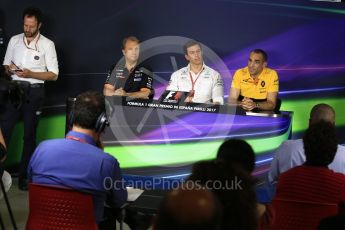 World © Octane Photographic Ltd. Formula 1 - Spanish Grand Prix – FIA Team Press Conference – Part 1. Cyril Abiteboul - Managing Director of Renault Sport Racing Formula 1 Team, Robert Fernley - Deputy Team Principal of Sahara Force India and Toto Wolff - Executive Director & Head of Mercedes-Benz Motorsport. Circuit de Barcelona - Catalunya. Thursday 11th May 2017. Digital Ref: 1815LB2D8111