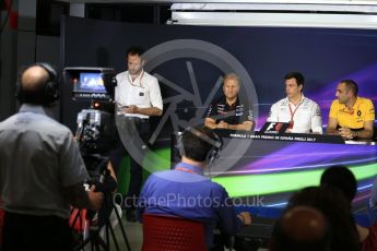 World © Octane Photographic Ltd. Formula 1 - Spanish Grand Prix – FIA Team Press Conference – Part 1. Cyril Abiteboul - Managing Director of Renault Sport Racing Formula 1 Team, Robert Fernley - Deputy Team Principal of Sahara Force India and Toto Wolff - Executive Director & Head of Mercedes-Benz Motorsport. Circuit de Barcelona - Catalunya. Thursday 11th May 2017. Digital Ref: 1815LB2D8116