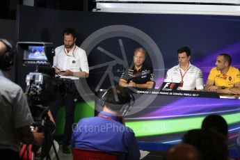 World © Octane Photographic Ltd. Formula 1 - Spanish Grand Prix – FIA Team Press Conference – Part 1. Cyril Abiteboul - Managing Director of Renault Sport Racing Formula 1 Team, Robert Fernley - Deputy Team Principal of Sahara Force India and Toto Wolff - Executive Director & Head of Mercedes-Benz Motorsport. Circuit de Barcelona - Catalunya. Thursday 11th May 2017. Digital Ref: 1815LB2D8125