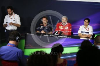 World © Octane Photographic Ltd. Formula 1 - Spanish Grand Prix – FIA Team Press Conference – Part 2. Maurizio Arrivabene – Managing Director and Team Principal of Scuderia Ferrari, Christian Horner - Team Principal of Red Bull Racing and Monisha Kaltenborn – Team Principal of Sauber Motorsport. Circuit de Barcelona - Catalunya. Thursday 11th May 2017. Digital Ref: 1815LB2D8137