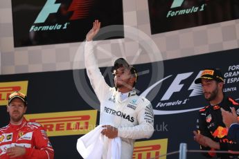 World © Octane Photographic Ltd. Formula 1 - Spanish Grand Prix Podium. Lewis Hamilton (1st) - Mercedes AMG Petronas F1 W08 EQ Energy+, Sebastian Vettel (2nd) - Scuderia Ferrari SF70H and Daniel Ricciardo (3rd) - Red Bull Racing RB13. Circuit de Barcelona - Catalunya, Spain. Sunday 14th May 2017. Digital Ref:1826LB1D4643
