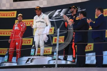 World © Octane Photographic Ltd. Formula 1 - Spanish Grand Prix Podium. Lewis Hamilton (1st) - Mercedes AMG Petronas F1 W08 EQ Energy+, Sebastian Vettel (2nd) - Scuderia Ferrari SF70H and Daniel Ricciardo (3rd) - Red Bull Racing RB13. Circuit de Barcelona - Catalunya, Spain. Sunday 14th May 2017. Digital Ref:1826LB1D4650