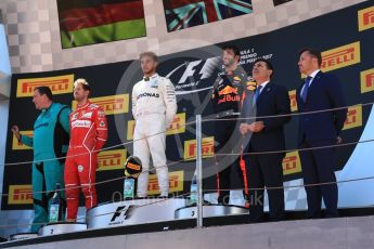 World © Octane Photographic Ltd. Formula 1 - Spanish Grand Prix Podium. Lewis Hamilton (1st) - Mercedes AMG Petronas F1 W08 EQ Energy+, Sebastian Vettel (2nd) - Scuderia Ferrari SF70H and Daniel Ricciardo (3rd) - Red Bull Racing RB13. Circuit de Barcelona - Catalunya, Spain. Sunday 14th May 2017. Digital Ref:1826LB1D4687