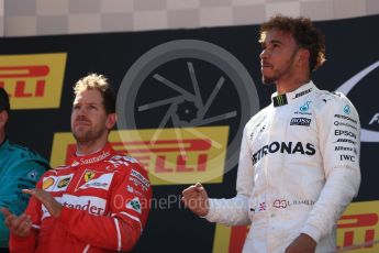 World © Octane Photographic Ltd. Formula 1 - Spanish Grand Prix Podium. Lewis Hamilton (1st) - Mercedes AMG Petronas F1 W08 EQ Energy+ and Sebastian Vettel (2nd) - Scuderia Ferrari SF70H. Circuit de Barcelona - Catalunya, Spain. Sunday 14th May 2017. Digital Ref:1826LB1D4703