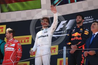 World © Octane Photographic Ltd. Formula 1 - Spanish Grand Prix Podium. Lewis Hamilton (1st) - Mercedes AMG Petronas F1 W08 EQ Energy+, Sebastian Vettel (2nd) - Scuderia Ferrari SF70H and Daniel Ricciardo (3rd) - Red Bull Racing RB13. Circuit de Barcelona - Catalunya, Spain. Sunday 14th May 2017. Digital Ref:1826LB1D4708