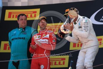 World © Octane Photographic Ltd. Formula 1 - Spanish Grand Prix Podium. Lewis Hamilton (1st) - Mercedes AMG Petronas F1 W08 EQ Energy+ and Sebastian Vettel (2nd) - Scuderia Ferrari SF70H. Circuit de Barcelona - Catalunya, Spain. Sunday 14th May 2017. Digital Ref:1826LB1D4744