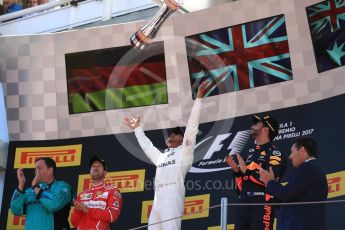 World © Octane Photographic Ltd. Formula 1 - Spanish Grand Prix Podium. Lewis Hamilton (1st) - Mercedes AMG Petronas F1 W08 EQ Energy+, Sebastian Vettel (2nd) - Scuderia Ferrari SF70H and Daniel Ricciardo (3rd) - Red Bull Racing RB13. Circuit de Barcelona - Catalunya, Spain. Sunday 14th May 2017. Digital Ref:1826LB1D4754