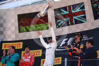 World © Octane Photographic Ltd. Formula 1 - Spanish Grand Prix Podium. Lewis Hamilton (1st) - Mercedes AMG Petronas F1 W08 EQ Energy+, Sebastian Vettel (2nd) - Scuderia Ferrari SF70H and Daniel Ricciardo (3rd) - Red Bull Racing RB13. Circuit de Barcelona - Catalunya, Spain. Sunday 14th May 2017. Digital Ref:1826LB1D4757