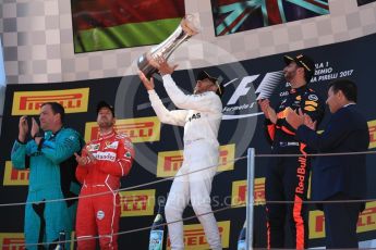 World © Octane Photographic Ltd. Formula 1 - Spanish Grand Prix Podium. Lewis Hamilton (1st) - Mercedes AMG Petronas F1 W08 EQ Energy+, Sebastian Vettel (2nd) - Scuderia Ferrari SF70H and Daniel Ricciardo (3rd) - Red Bull Racing RB13. Circuit de Barcelona - Catalunya, Spain. Sunday 14th May 2017. Digital Ref:1826LB1D4760