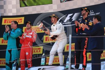 World © Octane Photographic Ltd. Formula 1 - Spanish Grand Prix Podium. Lewis Hamilton (1st) - Mercedes AMG Petronas F1 W08 EQ Energy+, Sebastian Vettel (2nd) - Scuderia Ferrari SF70H and Daniel Ricciardo (3rd) - Red Bull Racing RB13. Circuit de Barcelona - Catalunya, Spain. Sunday 14th May 2017. Digital Ref:1826LB1D4769