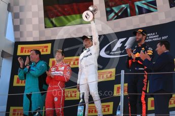 World © Octane Photographic Ltd. Formula 1 - Spanish Grand Prix Podium. Lewis Hamilton (1st) - Mercedes AMG Petronas F1 W08 EQ Energy+, Sebastian Vettel (2nd) - Scuderia Ferrari SF70H and Daniel Ricciardo (3rd) - Red Bull Racing RB13. Circuit de Barcelona - Catalunya, Spain. Sunday 14th May 2017. Digital Ref:1826LB1D4777