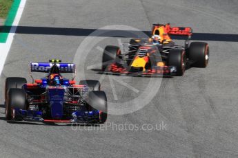 World © Octane Photographic Ltd. Formula 1 - Spanish Grand Prix Practice 1. Carlos Sainz - Scuderia Toro Rosso STR12 and Daniel Ricciardo - Red Bull Racing RB13. Circuit de Barcelona - Catalunya, Spain. Friday 12th May 2017. Digital Ref: 1810CB1L7780