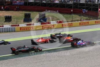 World © Octane Photographic Ltd. Formula 1 - Spanish Grand Prix Race. Sainz, Magnussen and Grosjean splits around the slow moving damaged Raikkonen and Verstappen. Circuit de Barcelona - Catalunya, Spain. Sunday 14th May 2017. Digital Ref:1825LB1D3874