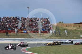 World © Octane Photographic Ltd. Formula 1 - Spanish Grand Prix Race. Sergio Perez and Esteban Ocon - Sahara Force India VJM10 and Nico Hulkenberg - Renault Sport F1 Team R.S.17. . Circuit de Barcelona - Catalunya, Spain. Sunday 14th May 2017. Digital Ref:1825LB1D3932