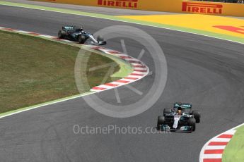 World © Octane Photographic Ltd. Formula 1 - Spanish Grand Prix Race. Lewis Hamilton and Valtteri Bottas - Mercedes AMG Petronas F1 W08 EQ Energy+. Circuit de Barcelona - Catalunya, Spain. Sunday 14th May 2017. Digital Ref:1825LB1D4033