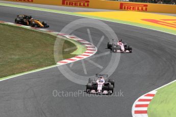 World © Octane Photographic Ltd. Formula 1 - Spanish Grand Prix Race. Sergio Perez and Esteban Ocon - Sahara Force India VJM10 followed by Jolyon Palmer - Renault Sport F1 Team R.S.17. Circuit de Barcelona - Catalunya, Spain. Sunday 14th May 2017. Digital Ref:1825LB1D4058