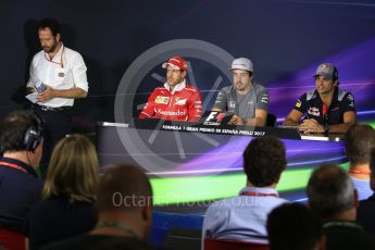 World © Octane Photographic Ltd. Formula 1 - Spanish Grand Prix. Sebastian Vettel - Scuderia Ferrari SF70H, Fernando Alonso - McLaren Honda MCL32 and Carlos Sainz - Scuderia Toro Rosso STR12. Circuit de Barcelona - Catalunya, Spain, FIA Drivers' Press Conference. Thursday 11th May 2017. Digital Ref:1807LB2D7273