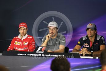 World © Octane Photographic Ltd. Formula 1 - Spanish Grand Prix. Sebastian Vettel - Scuderia Ferrari SF70H, Fernando Alonso - McLaren Honda MCL32 and Carlos Sainz - Scuderia Toro Rosso STR12. Circuit de Barcelona - Catalunya, Spain, FIA Drivers' Press Conference. Thursday 11th May 2017. Digital Ref:1807LB2D7278