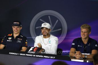 World © Octane Photographic Ltd. Formula 1 - Spanish Grand Prix. Max Verstappen - Red Bull Racing RB13, Lewis Hamilton - Mercedes AMG Petronas F1 W08 EQ Energy+ and Marcus Ericsson – Sauber F1 Team C36. Circuit de Barcelona - Catalunya, Spain, FIA Drivers' Press Conference. Thursday 11th May 2017. Digital Ref:1807LB2D7282