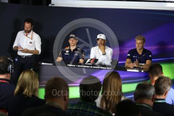 World © Octane Photographic Ltd. Formula 1 - Spanish Grand Prix. Max Verstappen - Red Bull Racing RB13, Lewis Hamilton - Mercedes AMG Petronas F1 W08 EQ Energy+ and Marcus Ericsson – Sauber F1 Team C36. Circuit de Barcelona - Catalunya, Spain, FIA Drivers' Press Conference. Thursday 11th May 2017. Digital Ref:1807LB2D7289