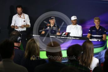 World © Octane Photographic Ltd. Formula 1 - Spanish Grand Prix. Max Verstappen - Red Bull Racing RB13, Lewis Hamilton - Mercedes AMG Petronas F1 W08 EQ Energy+ and Marcus Ericsson – Sauber F1 Team C36. Circuit de Barcelona - Catalunya, Spain, FIA Drivers' Press Conference. Thursday 11th May 2017. Digital Ref:1807LB2D7297