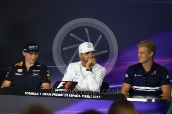 World © Octane Photographic Ltd. Formula 1 - Spanish Grand Prix. Max Verstappen - Red Bull Racing RB13, Lewis Hamilton - Mercedes AMG Petronas F1 W08 EQ Energy+ and Marcus Ericsson – Sauber F1 Team C36. Circuit de Barcelona - Catalunya, Spain, FIA Drivers' Press Conference. Thursday 11th May 2017. Digital Ref:1807LB2D7305