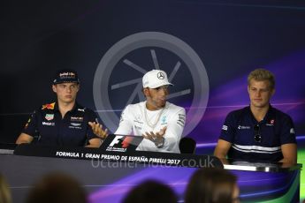 World © Octane Photographic Ltd. Formula 1 - Spanish Grand Prix. Max Verstappen - Red Bull Racing RB13, Lewis Hamilton - Mercedes AMG Petronas F1 W08 EQ Energy+ and Marcus Ericsson – Sauber F1 Team C36. Circuit de Barcelona - Catalunya, Spain, FIA Drivers' Press Conference. Thursday 11th May 2017. Digital Ref:1807LB2D7320