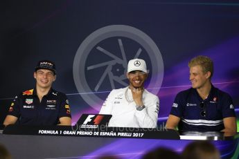 World © Octane Photographic Ltd. Formula 1 - Spanish Grand Prix. Max Verstappen - Red Bull Racing RB13, Lewis Hamilton - Mercedes AMG Petronas F1 W08 EQ Energy+ and Marcus Ericsson – Sauber F1 Team C36. Circuit de Barcelona - Catalunya, Spain, FIA Drivers' Press Conference. Thursday 11th May 2017. Digital Ref:1807LB2D7320