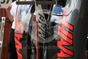 World © Octane Photographic Ltd. Formula 1 - Spanish Grand Prix. Reflections in Haas F1 Team VF-17 covers. Circuit de Barcelona - Catalunya. Thursday 11th May 2017. Digital Ref: 1805LB1D8541