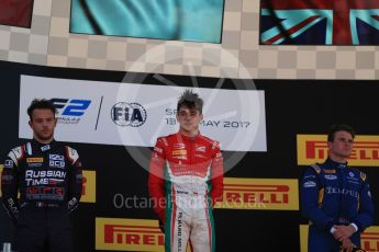 World © Octane Photographic Ltd. FIA Formula 2 (F2) - Race 1. Charles Leclerc – Prema Racing (1st), Luca Ghiotto – Russian Time (2nd) and Oliver Rowland – DAMS (3rd). Circuit de Barcelona - Catalunya, Spain. Friday 12th May 2017. Digital Ref:1819LB1D2441