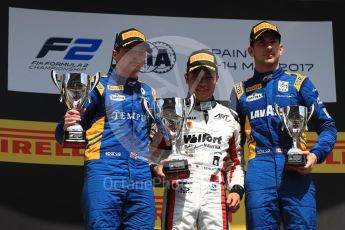 World © Octane Photographic Ltd. FIA Formula 2 (F2) - Race 2. Nobuharu Matsushita (1st) – ART Grand Prix with Oliver Rowland (2nd) and Nicolas Latifi (3rd) – DAMS . Circuit de Barcelona - Catalunya, Spain. Sunday 14th May 2017. Digital Ref:1822LB1D3388