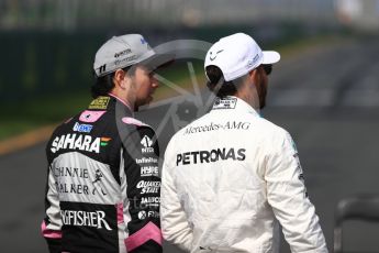 World © Octane Photographic Ltd. Formula 1 - Australian Grand Prix - Race. Lewis Hamilton - Mercedes AMG Petronas F1 W08 EQ Energy+ and Sergio Perez - Sahara Force India VJM10. Albert Park Circuit. Sunday 26th March 2017. Digital Ref: 1800LB1D5169