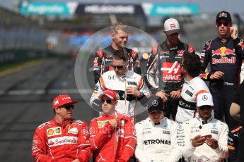 World © Octane Photographic Ltd. Formula 1 - Australian Grand Prix – Class of 2017. Driver Group Photo. Kimi Raikkonen, Ferrari, Sebastian Vettel, Ferrari, Valtteri Bottas, Mercedes AMG, Lewis Hamilton, Mercedes AMG, Daniel Ricciardo, Red Bull Racing, Max Verstappen, Red Bull, Sergio Perez, Force India, and Esteban Ocon, Force India. Stoffel Vandoorne, McLaren, Fernando Alonso, McLaren, Felipe Massa, Williams Martini Racing, Lance Stroll, Williams Martini Racing, Nico Hulkenberg, Renault and Jolyon Palmer, Renault Sport F1. Kevin Magnussen, Haas F1, Romain Grosjean, Haas F1, Daniil Kvyat, Toro Rosso, Carlos Sainz Jr, Toro Rosso, Marcus Ericsson, Sauber and Pascal Wehrlein, Sauber. Albert Park Circuit. Sunday 26th March 2017. Digital Ref: 1800LB1D5194