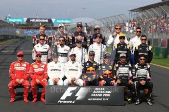 World © Octane Photographic Ltd. Formula 1 - Australian Grand Prix – Class of 2017. Driver Group Photo. Kimi Raikkonen, Ferrari, Sebastian Vettel, Ferrari, Valtteri Bottas, Mercedes AMG, Lewis Hamilton, Mercedes AMG, Daniel Ricciardo, Red Bull Racing, Max Verstappen, Red Bull, Sergio Perez, Force India, and Esteban Ocon, Force India. Stoffel Vandoorne, McLaren, Fernando Alonso, McLaren, Felipe Massa, Williams Martini Racing, Lance Stroll, Williams Martini Racing, Nico Hulkenberg, Renault and Jolyon Palmer, Renault Sport F1. Kevin Magnussen, Haas F1, Romain Grosjean, Haas F1, Daniil Kvyat, Toro Rosso, Carlos Sainz Jr, Toro Rosso, Marcus Ericsson, Sauber and Pascal Wehrlein, Sauber. Albert Park Circuit. Sunday 26th March 2017. Digital Ref: 1800LB1D5222