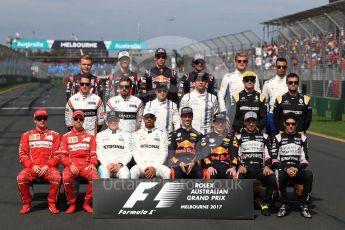 World © Octane Photographic Ltd. Formula 1 - Australian Grand Prix – Class of 2017. Driver Group Photo. Kimi Raikkonen, Ferrari, Sebastian Vettel, Ferrari, Valtteri Bottas, Mercedes AMG, Lewis Hamilton, Mercedes AMG, Daniel Ricciardo, Red Bull Racing, Max Verstappen, Red Bull, Sergio Perez, Force India, and Esteban Ocon, Force India. Stoffel Vandoorne, McLaren, Fernando Alonso, McLaren, Felipe Massa, Williams Martini Racing, Lance Stroll, Williams Martini Racing, Nico Hulkenberg, Renault and Jolyon Palmer, Renault Sport F1. Kevin Magnussen, Haas F1, Romain Grosjean, Haas F1, Daniil Kvyat, Toro Rosso, Carlos Sainz Jr, Toro Rosso, Marcus Ericsson, Sauber and Pascal Wehrlein, Sauber. Albert Park Circuit. Sunday 26th March 2017. Digital Ref: 1800LB1D5228