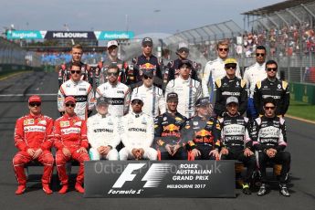 World © Octane Photographic Ltd. Formula 1 - Australian Grand Prix – Class of 2017. Driver Group Photo. Kimi Raikkonen, Ferrari, Sebastian Vettel, Ferrari, Valtteri Bottas, Mercedes AMG, Lewis Hamilton, Mercedes AMG, Daniel Ricciardo, Red Bull Racing, Max Verstappen, Red Bull, Sergio Perez, Force India, and Esteban Ocon, Force India. Stoffel Vandoorne, McLaren, Fernando Alonso, McLaren, Felipe Massa, Williams Martini Racing, Lance Stroll, Williams Martini Racing, Nico Hulkenberg, Renault and Jolyon Palmer, Renault Sport F1. Kevin Magnussen, Haas F1, Romain Grosjean, Haas F1, Daniil Kvyat, Toro Rosso, Carlos Sainz Jr, Toro Rosso, Marcus Ericsson, Sauber and Pascal Wehrlein, Sauber. Albert Park Circuit. Sunday 26th March 2017. Digital Ref: 1800LB1D5231