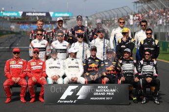 World © Octane Photographic Ltd. Formula 1 - Australian Grand Prix – Class of 2017. Driver Group Photo. Kimi Raikkonen, Ferrari, Sebastian Vettel, Ferrari, Valtteri Bottas, Mercedes AMG, Lewis Hamilton, Mercedes AMG, Daniel Ricciardo, Red Bull Racing, Max Verstappen, Red Bull, Sergio Perez, Force India, and Esteban Ocon, Force India. Stoffel Vandoorne, McLaren, Fernando Alonso, McLaren, Felipe Massa, Williams Martini Racing, Lance Stroll, Williams Martini Racing, Nico Hulkenberg, Renault and Jolyon Palmer, Renault Sport F1. Kevin Magnussen, Haas F1, Romain Grosjean, Haas F1, Daniil Kvyat, Toro Rosso, Carlos Sainz Jr, Toro Rosso, Marcus Ericsson, Sauber and Pascal Wehrlein, Sauber. Albert Park Circuit. Sunday 26th March 2017. Digital Ref: 1800LB1D5272