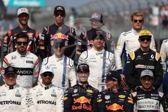 World © Octane Photographic Ltd. Formula 1 - Australian Grand Prix – Class of 2017. Driver Group Photo. Kimi Raikkonen, Ferrari, Sebastian Vettel, Ferrari, Valtteri Bottas, Mercedes AMG, Lewis Hamilton, Mercedes AMG, Daniel Ricciardo, Red Bull Racing, Max Verstappen, Red Bull, Sergio Perez, Force India, and Esteban Ocon, Force India. Stoffel Vandoorne, McLaren, Fernando Alonso, McLaren, Felipe Massa, Williams Martini Racing, Lance Stroll, Williams Martini Racing, Nico Hulkenberg, Renault and Jolyon Palmer, Renault Sport F1. Kevin Magnussen, Haas F1, Romain Grosjean, Haas F1, Daniil Kvyat, Toro Rosso, Carlos Sainz Jr, Toro Rosso, Marcus Ericsson, Sauber and Pascal Wehrlein, Sauber. Albert Park Circuit. Sunday 26th March 2017. Digital Ref: 1800LB1D5287