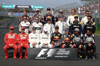 World © Octane Photographic Ltd. Formula 1 - Australian Grand Prix – Class of 2017. Driver Group Photo. Kimi Raikkonen, Ferrari, Sebastian Vettel, Ferrari, Valtteri Bottas, Mercedes AMG, Lewis Hamilton, Mercedes AMG, Daniel Ricciardo, Red Bull Racing, Max Verstappen, Red Bull, Sergio Perez, Force India, and Esteban Ocon, Force India. Stoffel Vandoorne, McLaren, Fernando Alonso, McLaren, Felipe Massa, Williams Martini Racing, Lance Stroll, Williams Martini Racing, Nico Hulkenberg, Renault and Jolyon Palmer, Renault Sport F1. Kevin Magnussen, Haas F1, Romain Grosjean, Haas F1, Daniil Kvyat, Toro Rosso, Carlos Sainz Jr, Toro Rosso, Marcus Ericsson, Sauber and Pascal Wehrlein, Sauber. Albert Park Circuit. Sunday 26th March 2017. Digital Ref: 1800LB1D5300