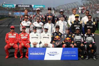 World © Octane Photographic Ltd. Formula 1 - Australian Grand Prix – Class of 2017. Driver Group Photo. Kimi Raikkonen, Ferrari, Sebastian Vettel, Ferrari, Valtteri Bottas, Mercedes AMG, Lewis Hamilton, Mercedes AMG, Daniel Ricciardo, Red Bull Racing, Max Verstappen, Red Bull, Sergio Perez, Force India, and Esteban Ocon, Force India. Stoffel Vandoorne, McLaren, Fernando Alonso, McLaren, Felipe Massa, Williams Martini Racing, Lance Stroll, Williams Martini Racing, Nico Hulkenberg, Renault and Jolyon Palmer, Renault Sport F1. Kevin Magnussen, Haas F1, Romain Grosjean, Haas F1, Daniil Kvyat, Toro Rosso, Carlos Sainz Jr, Toro Rosso, Marcus Ericsson, Sauber and Pascal Wehrlein, Sauber. Albert Park Circuit. Sunday 26th March 2017. Digital Ref: 1800LB1D5313