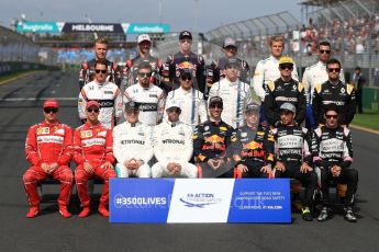 World © Octane Photographic Ltd. Formula 1 - Australian Grand Prix – Class of 2017. Driver Group Photo. Kimi Raikkonen, Ferrari, Sebastian Vettel, Ferrari, Valtteri Bottas, Mercedes AMG, Lewis Hamilton, Mercedes AMG, Daniel Ricciardo, Red Bull Racing, Max Verstappen, Red Bull, Sergio Perez, Force India, and Esteban Ocon, Force India. Stoffel Vandoorne, McLaren, Fernando Alonso, McLaren, Felipe Massa, Williams Martini Racing, Lance Stroll, Williams Martini Racing, Nico Hulkenberg, Renault and Jolyon Palmer, Renault Sport F1. Kevin Magnussen, Haas F1, Romain Grosjean, Haas F1, Daniil Kvyat, Toro Rosso, Carlos Sainz Jr, Toro Rosso, Marcus Ericsson, Sauber and Pascal Wehrlein, Sauber. Albert Park Circuit. Sunday 26th March 2017. Digital Ref: 1800LB1D5321