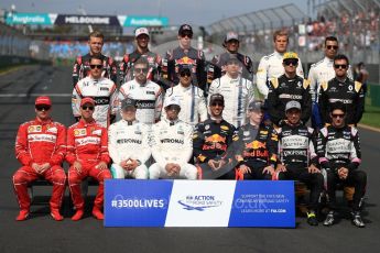 World © Octane Photographic Ltd. Formula 1 - Australian Grand Prix – Class of 2017. Driver Group Photo. Kimi Raikkonen, Ferrari, Sebastian Vettel, Ferrari, Valtteri Bottas, Mercedes AMG, Lewis Hamilton, Mercedes AMG, Daniel Ricciardo, Red Bull Racing, Max Verstappen, Red Bull, Sergio Perez, Force India, and Esteban Ocon, Force India. Stoffel Vandoorne, McLaren, Fernando Alonso, McLaren, Felipe Massa, Williams Martini Racing, Lance Stroll, Williams Martini Racing, Nico Hulkenberg, Renault and Jolyon Palmer, Renault Sport F1. Kevin Magnussen, Haas F1, Romain Grosjean, Haas F1, Daniil Kvyat, Toro Rosso, Carlos Sainz Jr, Toro Rosso, Marcus Ericsson, Sauber and Pascal Wehrlein, Sauber. Albert Park Circuit. Sunday 26th March 2017. Digital Ref: 1800LB1D5336