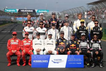 World © Octane Photographic Ltd. Formula 1 - Australian Grand Prix – Class of 2017. Driver Group Photo. Kimi Raikkonen, Ferrari, Sebastian Vettel, Ferrari, Valtteri Bottas, Mercedes AMG, Lewis Hamilton, Mercedes AMG, Daniel Ricciardo, Red Bull Racing, Max Verstappen, Red Bull, Sergio Perez, Force India, and Esteban Ocon, Force India. Stoffel Vandoorne, McLaren, Fernando Alonso, McLaren, Felipe Massa, Williams Martini Racing, Lance Stroll, Williams Martini Racing, Nico Hulkenberg, Renault and Jolyon Palmer, Renault Sport F1. Kevin Magnussen, Haas F1, Romain Grosjean, Haas F1, Daniil Kvyat, Toro Rosso, Carlos Sainz Jr, Toro Rosso, Marcus Ericsson, Sauber and Pascal Wehrlein, Sauber. Albert Park Circuit. Sunday 26th March 2017. Digital Ref: 1800LB1D5354