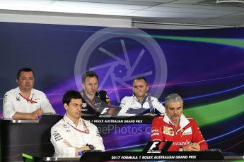 World © Octane Photographic Ltd. Formula 1 - Australian Grand Prix - FIA Team Press Conference. Toto Wolff - Executive Director & Head of Mercedes-Benz Motorsport, Maurizio Arrivabene – Managing Director and Team Principal of Scuderia Ferrari, Eric Boullier - Racing Director of McLaren Honda, Christian Horner - Team Principal of Red Bull Racing and Paddy Lowe – Chief Technical Officer of Williams Martini Racing. Albert Park Circuit. Friday 24th March 2017. Digital Ref: 1795LB2D4828