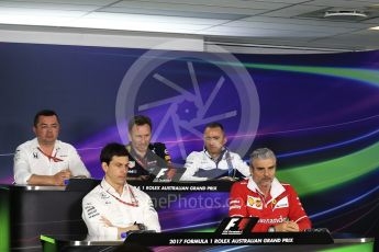 World © Octane Photographic Ltd. Formula 1 - Australian Grand Prix - FIA Team Press Conference. Toto Wolff - Executive Director & Head of Mercedes-Benz Motorsport, Maurizio Arrivabene – Managing Director and Team Principal of Scuderia Ferrari, Eric Boullier - Racing Director of McLaren Honda, Christian Horner - Team Principal of Red Bull Racing and Paddy Lowe – Chief Technical Officer of Williams Martini Racing. Albert Park Circuit. Friday 24th March 2017. Digital Ref: 1795LB2D4833