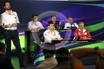 World © Octane Photographic Ltd. Formula 1 - Australian Grand Prix - FIA Team Press Conference. Toto Wolff - Executive Director & Head of Mercedes-Benz Motorsport, Maurizio Arrivabene – Managing Director and Team Principal of Scuderia Ferrari, Eric Boullier - Racing Director of McLaren Honda, Christian Horner - Team Principal of Red Bull Racing and Paddy Lowe – Chief Technical Officer of Williams Martini Racing. Albert Park Circuit. Friday 24th March 2017. Digital Ref: 1795LB2D4846