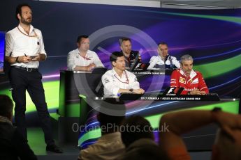 World © Octane Photographic Ltd. Formula 1 - Australian Grand Prix - FIA Team Press Conference. Toto Wolff - Executive Director & Head of Mercedes-Benz Motorsport, Maurizio Arrivabene – Managing Director and Team Principal of Scuderia Ferrari, Eric Boullier - Racing Director of McLaren Honda, Christian Horner - Team Principal of Red Bull Racing and Paddy Lowe – Chief Technical Officer of Williams Martini Racing. Albert Park Circuit. Friday 24th March 2017. Digital Ref: 1795LB2D4853