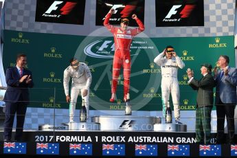 World © Octane Photographic Ltd. Formula 1 - Australian Grand Prix - Podium. Sebastian Vettel - Scuderia Ferrari SF70H, Lewis Hamilton and Valtteri Bottas - Mercedes AMG Petronas F1 W08 EQ Energy+. Albert Park Circuit. Sunday 26th March 2017. Digital Ref: 1803LB1D7335