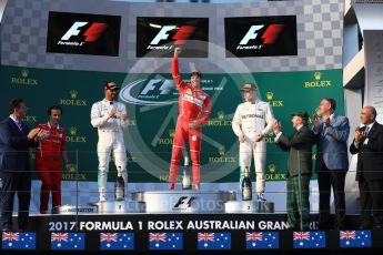 World © Octane Photographic Ltd. Formula 1 - Australian Grand Prix - Podium. Sebastian Vettel - Scuderia Ferrari SF70H, Lewis Hamilton and Valtteri Bottas - Mercedes AMG Petronas F1 W08 EQ Energy+. Albert Park Circuit. Sunday 26th March 2017. Digital Ref: 1803LB1D7349